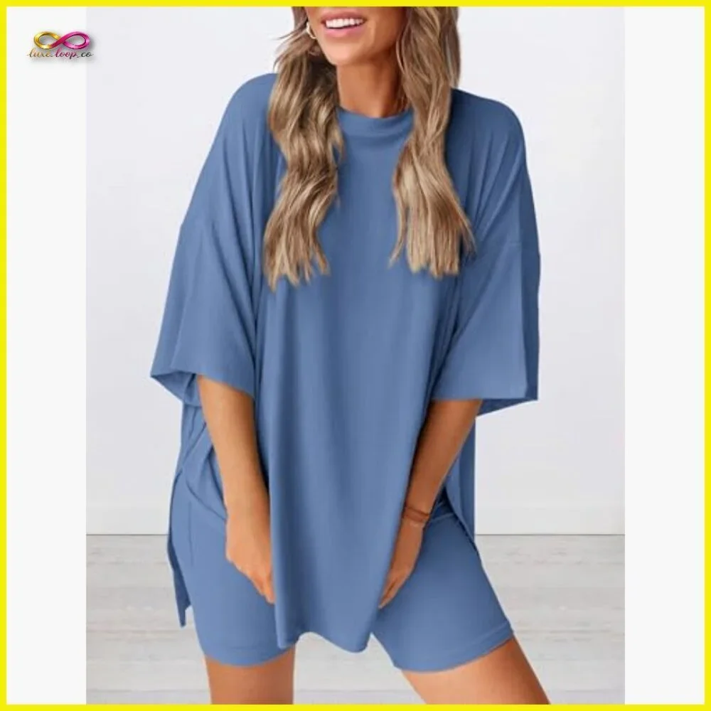 Oversized Short Sleeve Shirt Biker Shorts Matching Lounge Set Comfy Casual